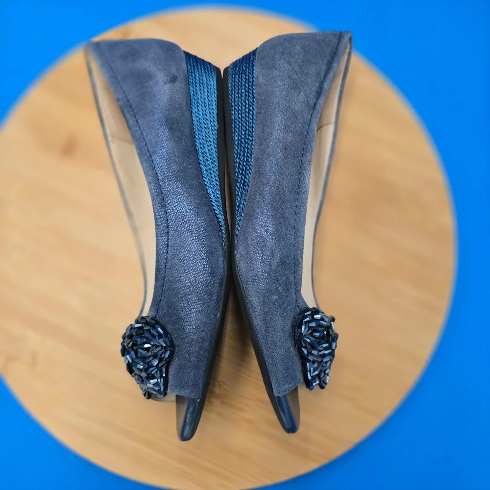 Alex Marie Peep Toe Wedge Flats Embellished Blue‎ Suede Women's Size 8.5M